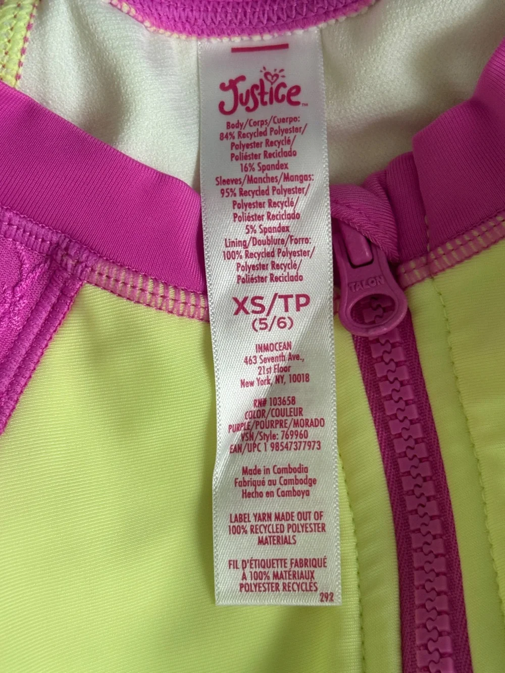 Justice Girls' Long Sleeve One-Piece Swimsuit - Hot Pink, Neon Yellow & Teal